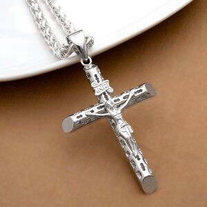 Sterling Silver Thick Heavy Meticulously Crafted Crucifix Necklace, Stamped 925